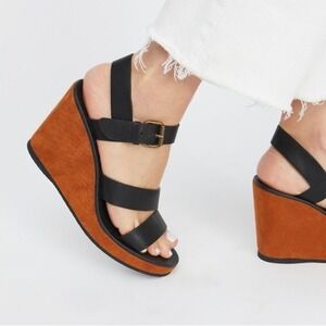 Free People x Freebird Vegan Leather Wedge Sandals Black Rust Orange Size 8